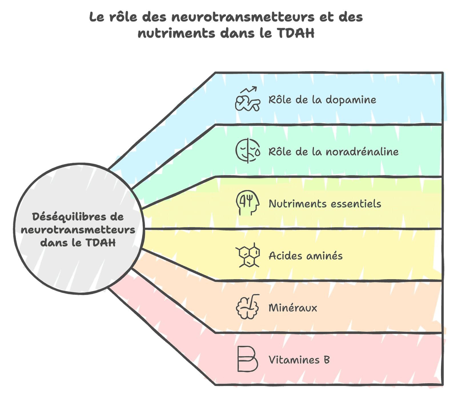 Infographie : rôle de l’alimentation dans la production de dopamine et noradrénaline chez les personnes TDAH