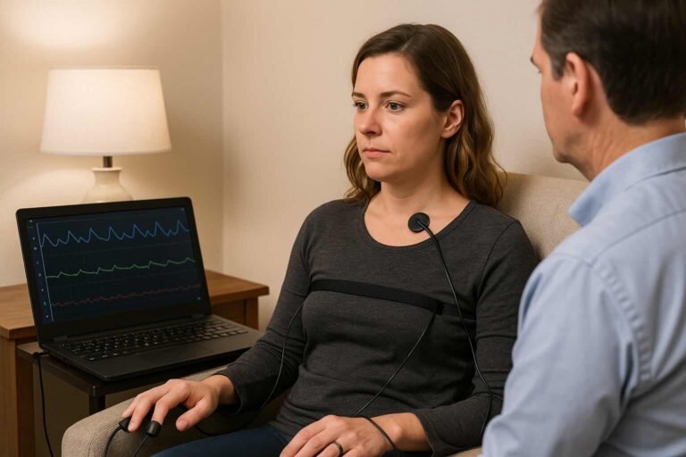 Séance de biofeedback avec capteurs pour régulation du stress chez adulte TDAH