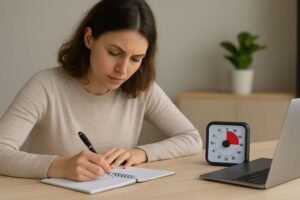 Illustration d’une stratégie d’organisation adaptée au TDAH adulte : une femme utilise un timer Pomodoro pour structurer ses tâches et améliorer sa concentration au travail.
