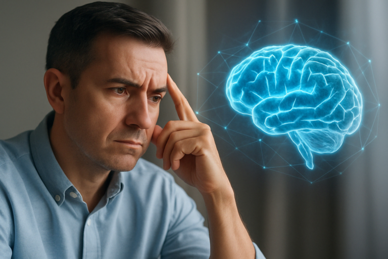 Homme en pleine cogitation nocturne, allongé dans son lit, illustrant le lien entre TDAH, pensées envahissantes, troubles du sommeil et déficit en mélatonine