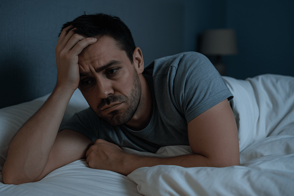 Activité cérébrale intense représentée par un homme allongé éveillé, évoquant le TDAH adulte, les troubles du sommeil et la surcharge mentale nocturne