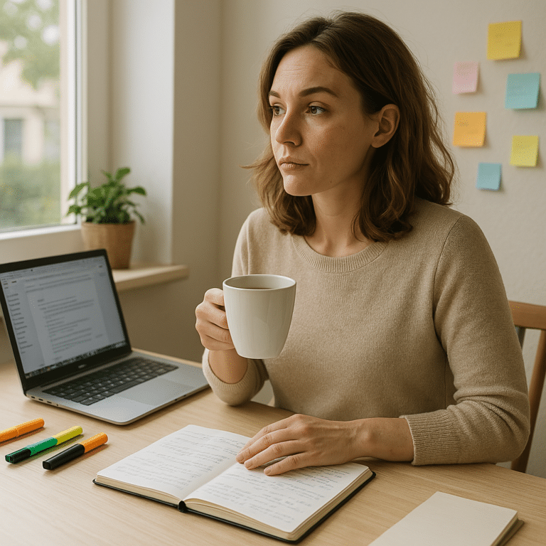 Femme adulte concentrée travaillant à son bureau avec une tasse de thé, symbole du TDAH féminin discret