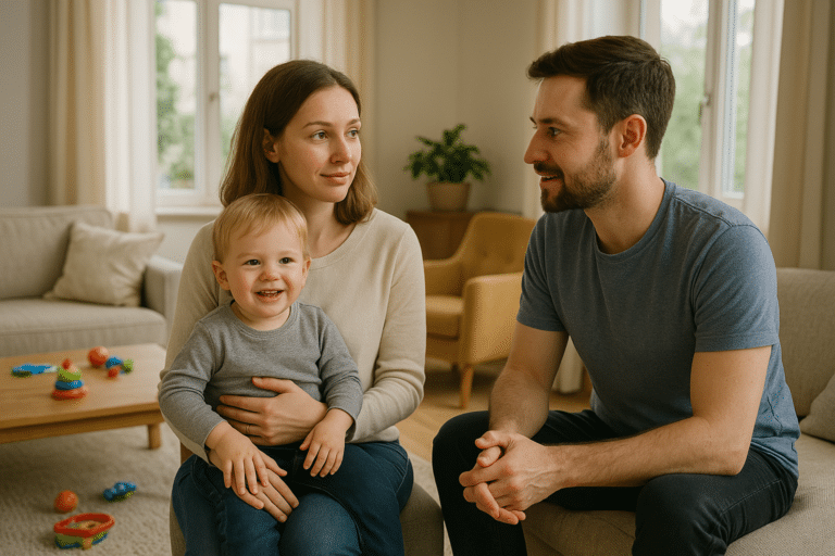 Femme atteinte de TDAH interagissant avec son conjoint et leur enfant en bas âge