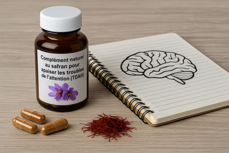 Photographie réaliste de fleurs de safran et gummies au safran posés sur une table, utilisée pour illustrer les bienfaits du safran sur la concentration et l’hyperactivité chez l’enfant TDAH.