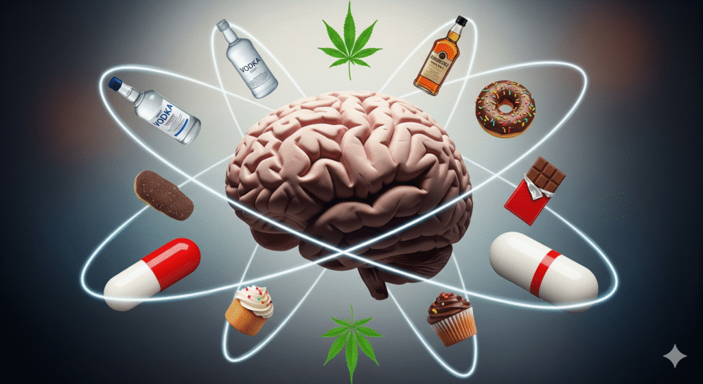 Représentation visuelle du cerveau TDAH et des addictions : alcool, cannabis, sucre et médicaments orbitant autour.