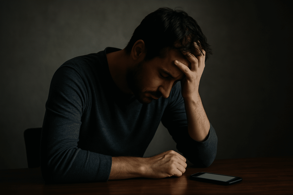 Homme adulte souffrant de TDAH en proie à une addiction, seul, replié sur lui-même, symbole des troubles de l’attention et de la dépendance chez l’adulte TDAH