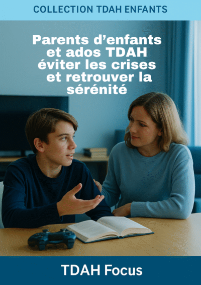 TDAH – Parents, enfants et adolescents” : illustration douce d’une scène familiale, avec un parent apaisant un enfant en crise, dans des tons pastels rassurants.