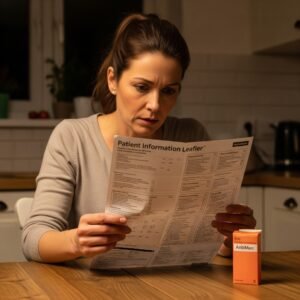 Mère de famille lisant avec une expression inquiète la longue notice d'un médicament pour le TDAH, illustrant la préoccupation des parents face aux effets secondaires possibles.