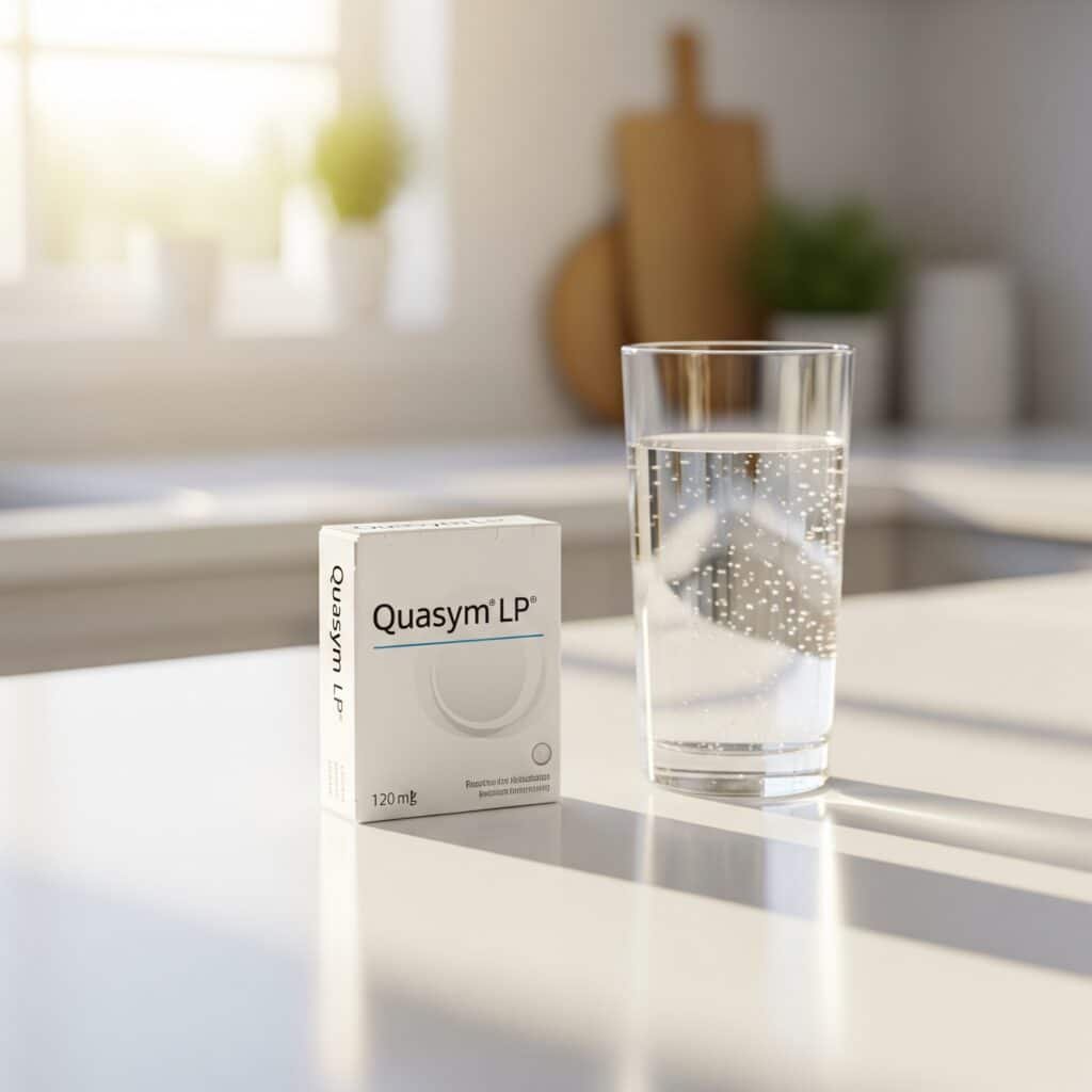 Boîte de médicament Quasym LP posée sur un comptoir de cuisine à côté d'un verre d'eau, illustrant le début du traitement quotidien pour le TDAH.