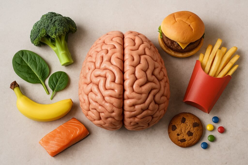 Cerveau humain placé au centre d’une table, entouré à gauche par des aliments sains comme du saumon, une banane, des épinards et du brocoli, et à droite par des aliments industriels comme un hamburger, des frites, un cookie et des bonbons.
