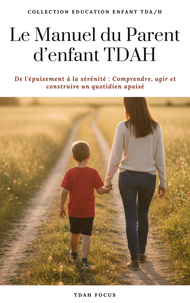 Couverture du livre Le Manuel du Parent d'Enfant TDAH - Mère et enfant main dans la main sur un chemin au coucher du soleil"