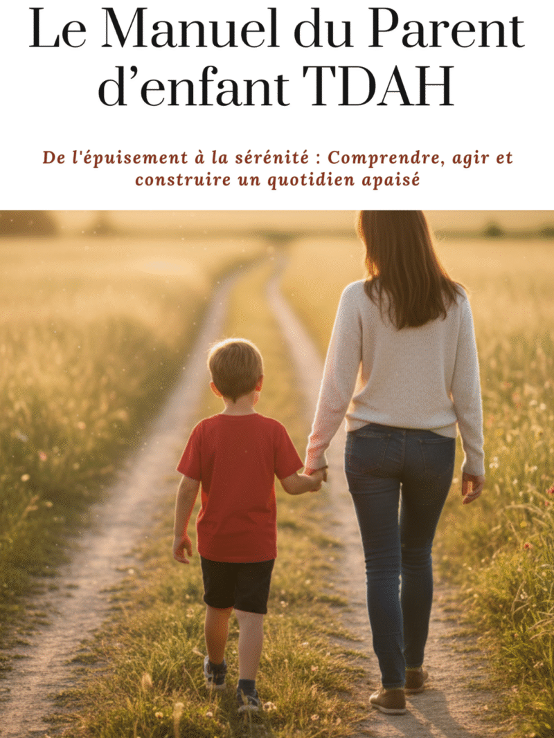 Couverture du livre Le Manuel du Parent d'Enfant TDAH - Mère et enfant main dans la main sur un chemin au coucher du soleil"