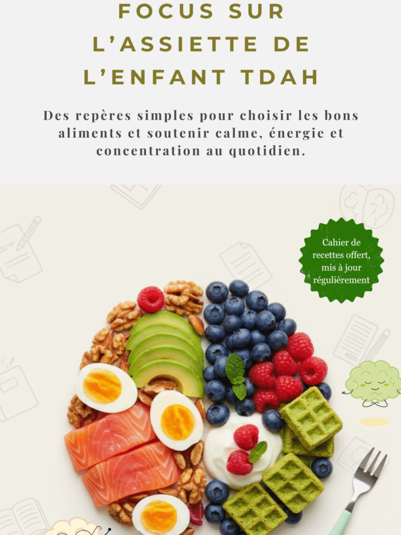 Couverture du livre “Focus sur l’assiette” – guide d’alimentation pour enfants TDAH avec conseils nutritionnels, collations, protéines, oméga-3, et cahier de recettes mis à jour offert.