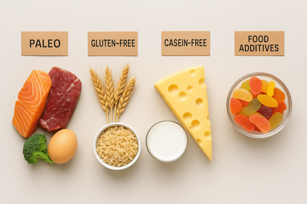 Illustration réaliste de quatre types de régimes alimentaires adaptés au TDAH : sans gluten, paléo, végétarien et pauvre en additifs.