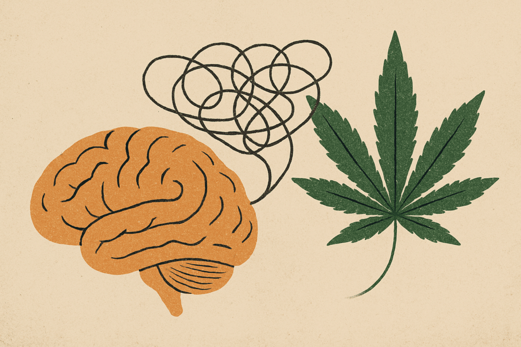 alt="Illustration abstraite d’un cerveau humain relié par des lignes désordonnées à une feuille de cannabis verte, symbolisant les effets du CBD sur l’activité mentale liée au TDAH."