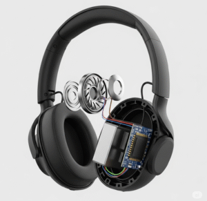 Collection de casques et écouteurs anti-bruit de différents types (over-ear, intra-auriculaires) sur fond gris clair