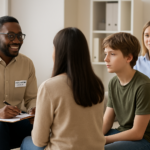 Consultation TDAH avec un ergothérapeute, un adolescent et sa mère dans un cabinet pluridisciplinaire