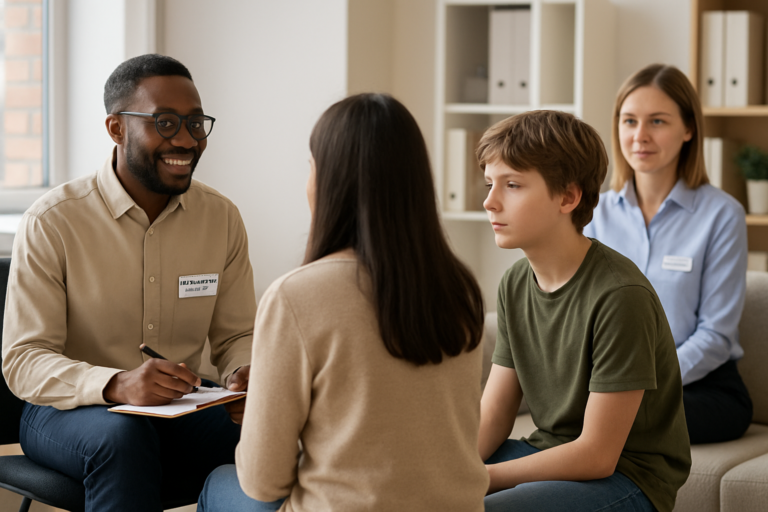 Consultation TDAH avec un ergothérapeute, un adolescent et sa mère dans un cabinet pluridisciplinaire