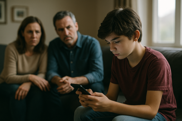 alt="Photographie réaliste d’un adolescent absorbé par son téléphone portable, assis sur un canapé pendant que ses parents, flous à l’arrière-plan, l’observent avec inquiétude."