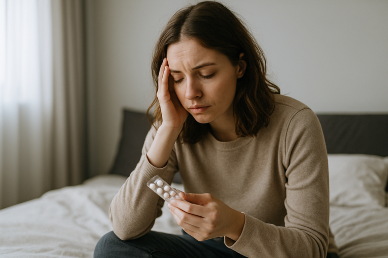 alt="Photo réaliste d’une jeune femme assise sur son lit, l’air fatigué, tenant une plaquette de médicaments, illustrant les difficultés de gestion du TDAH chez les femmes."