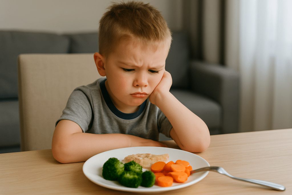 alt="Photo réaliste d’un jeune garçon assis devant une assiette de légumes et de poisson, le visage contrarié, illustrant la disoralité alimentaire fréquente chez les enfants TDAH."