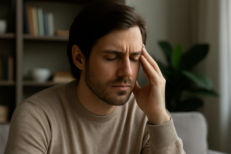 Jeune adulte hypersensible en pleine surcharge mentale, assis dans un salon lumineux, illustrant les défis émotionnels des profils HPI-HPE avec TDAH.