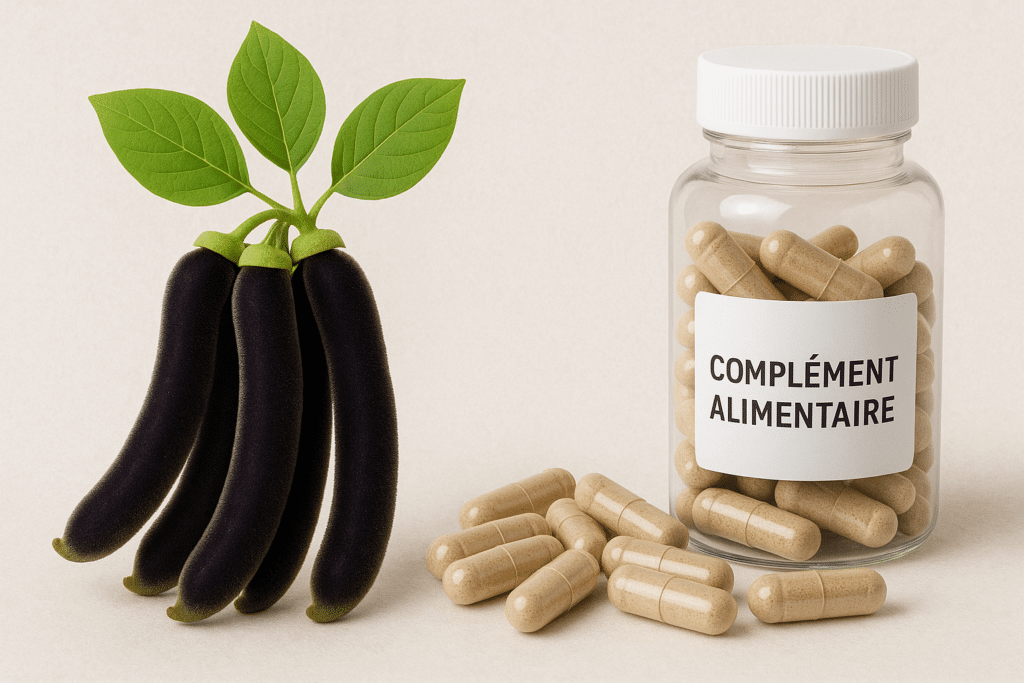 Plante Mucuna pruriens à côté d’un cerveau humain, illustrant ses effets naturels sur la concentration et la dopamine