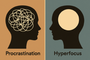 Illustration abstraite représentant deux profils humains : à gauche, un cerveau embrouillé symbolise la procrastination ; à droite, un cercle clair évoque l'hyperfocus et la clarté mentale.