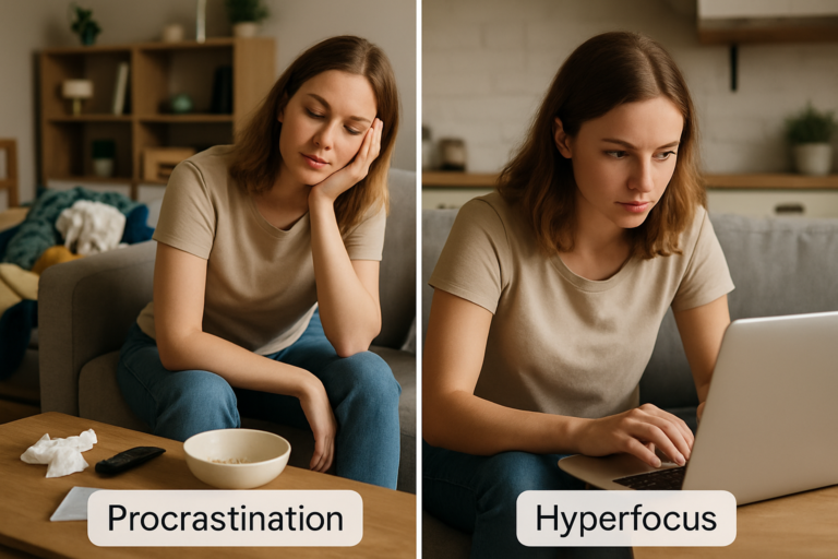 Image en deux parties d'une femme assise dans son salon : à gauche, elle procrastine dans un environnement en désordre ; à droite, elle est en hyperfocus, concentrée intensément sur son ordinateur.