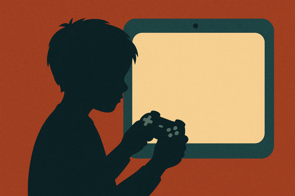 Illustration abstraite d’un enfant silhouette tenant une manette de jeu, absorbé par un grand écran lumineux, symbolisant l’addiction numérique chez les enfants TDAH.