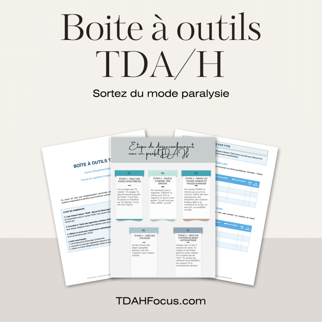 Boîtes à outils téléchargés : - PDF template - Ebook - Livre imprimable - Planeurs - Agenda - TDAH (trouble de la tension avec ou sans hyperactivité) - Adultes