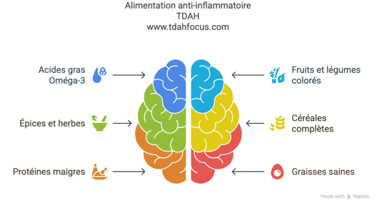 Infographie sur l'alimentation anti-inflammatoire pour le TDAH, illustrant les groupes d'aliments clés et leurs bienfaits. Logo TDHfocus en bas.