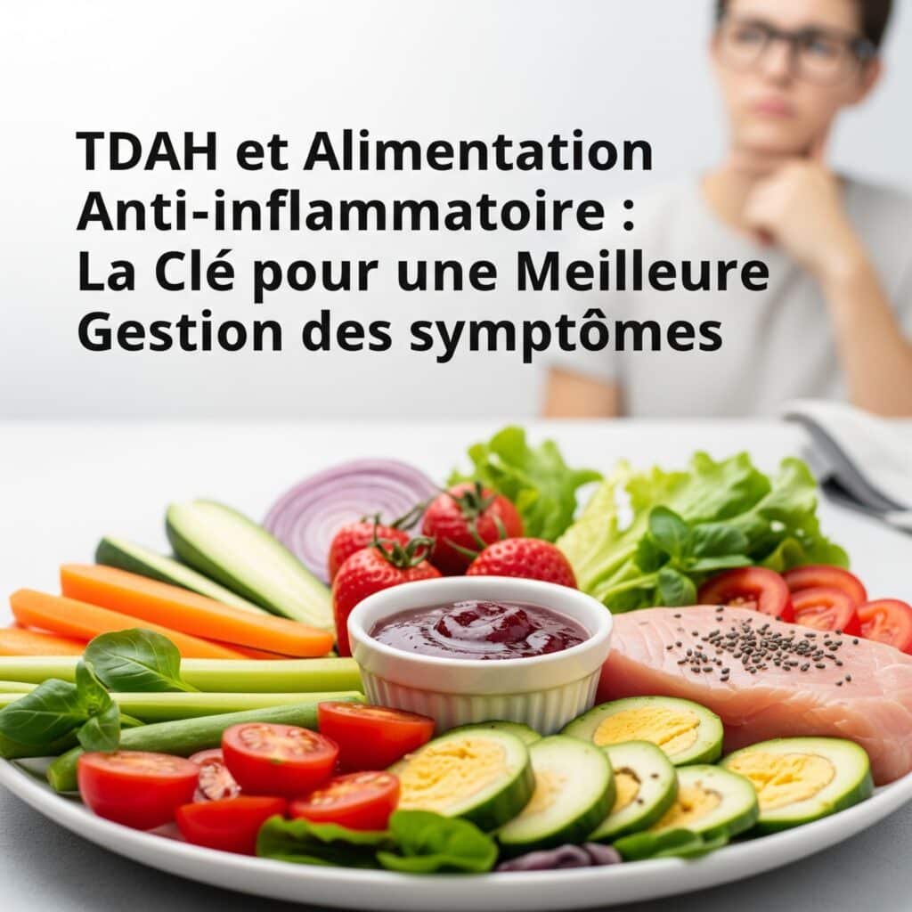 Femme préparant un repas anti-inflammatoire coloré pour TDAH, avec légumes frais et focus sur le bien-être cérébral. Logo TDHfocus en bas.