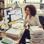 "Bureau débordé avec agenda raturé et to-dos manuscrites en français, symbolisant la surcharge mentale et les défis d'organisation au travail pour une personne neurodivergente ayant des difficultés de concentration et facilement distraite."