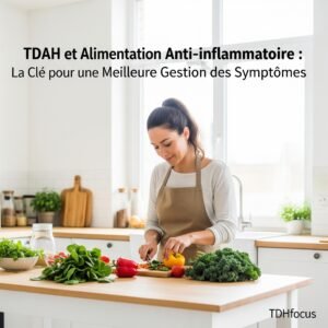 un repas anti-inflammatoire coloré pour TDAH, avec légumes frais et focus sur le bien-être cérébral