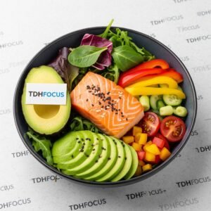 RECETTE tdah saine omega proteine pour adulte Buddha Bowl Express Saumon-Avocat avec logo TDHfocus.