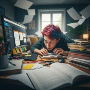 enfant avec TDAH au bureau, montrant des symptômes de difficulté de concentration et de désorganisation. Un jeune homme est assis à un bureau encombré de papiers et d'un ordinateur, exprimant une légère anxiété, illustrant les défis quotidiens du trouble de l'attention.