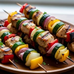 tdah recette enfant, Brochettes Arc-en-Ciel Poulet & Légumes colorées et amusantes pour enfants, logo TDHfocus en bas.