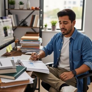 Adulte avec TDAH au bureau, montrant des symptômes de difficulté de concentration et de désorganisation. Un jeune homme est assis à un bureau encombré de papiers et d'un ordinateur, exprimant une légère anxiété, illustrant les défis quotidiens du trouble de l'attention.