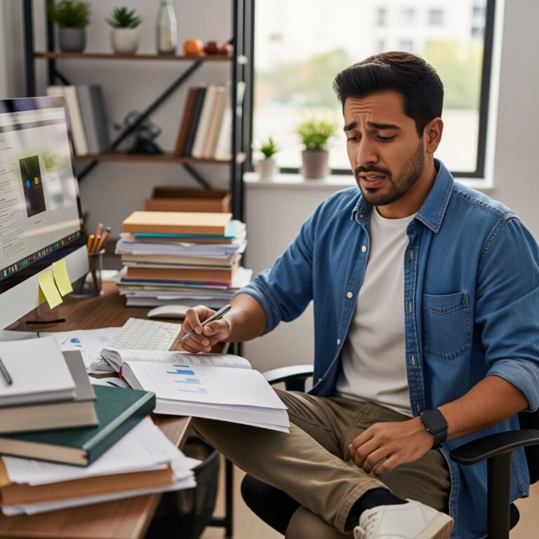 Adulte avec TDAH au bureau, montrant des symptômes de difficulté de concentration et de désorganisation. Un jeune homme est assis à un bureau encombré de papiers et d'un ordinateur, exprimant une légère anxiété, illustrant les défis quotidiens du trouble de l'attention.