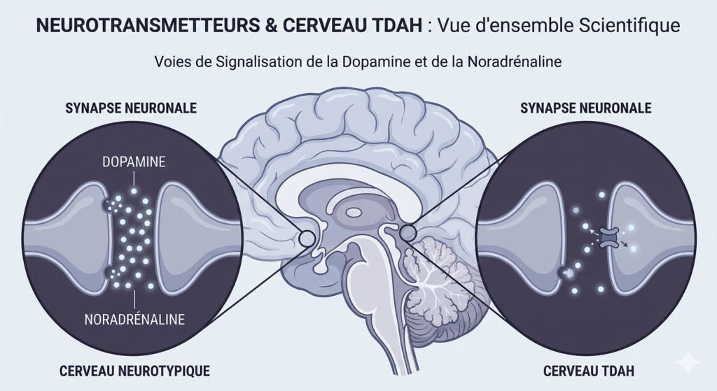 TDAH, dopamine, tryptophan, sérotonine, tyrosine, tous les neurotransmetteurs qui agissent sur le cerveau.