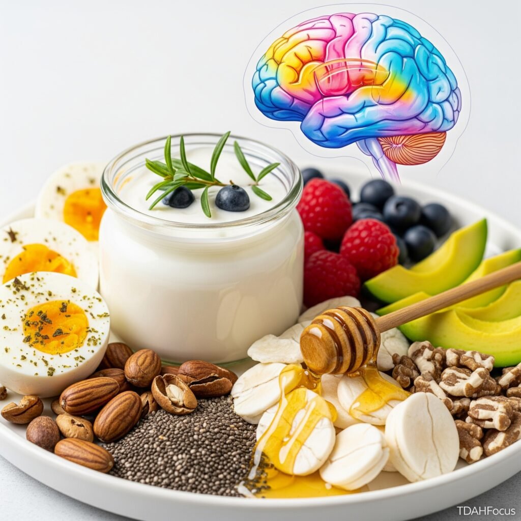 Petit-déjeuner sain pour TDAH : protéines, fruits, avoine. Boost concentration et énergie. TDAHFocus