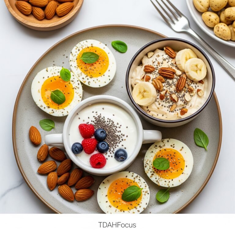 Cerveau et petit-déjeuner TDAH : aliments riches en protéines pour meilleure concentration et énergie. TDAHFocus.