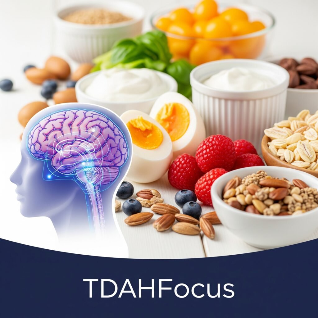 Petit-déjeuner équilibré pour TDAH : œufs, yaourt protéines, fruits, cerveau stylisé. TDAHFocus pour concentration et énergie.