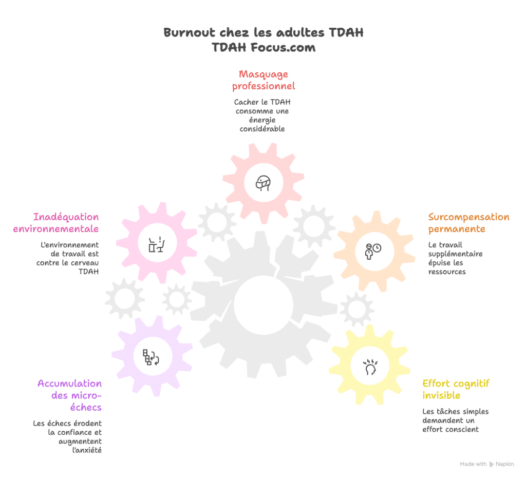 Schéma explicatif : mécanisme du burn-out avec un profil TDAH neurodivergent chez l'adulte.