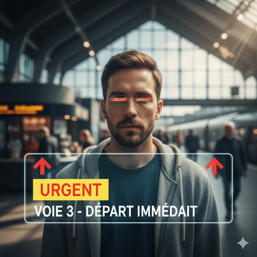 Illustration symbolique de la surcharge mentale TDAH avec des pensées en cascade sortant d'une tête, une main les capturant dans un carnet pour désencombrer l'esprit.