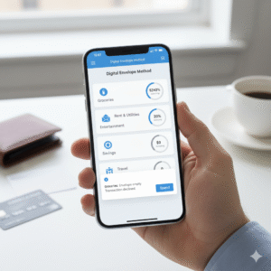 Une personne tenant un smartphone affichant une application de budget basée sur la méthode des enveloppes numériques, avec différentes catégories de dépenses comme l'épicerie, le loyer et les économies. L'application indique que l'enveloppe 'Épicerie' est vide, reflétant une gestion budgétaire stricte.