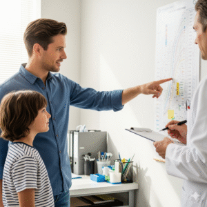 "Père et enfant en consultation médicale, observant un graphique de croissance affiché au mur, tandis que le médecin prend des notes. Le père pointe du doigt une section du graphique, montrant un dialogue actif sur le suivi de la croissance de l'enfant sous traitement TDAH."