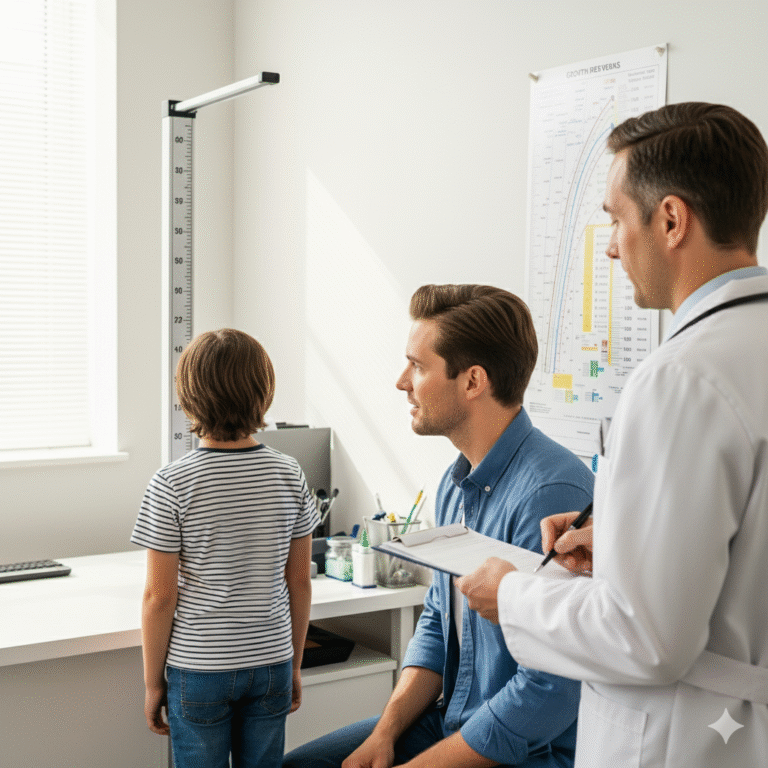 Enfant debout, mesuré par un professionnel de santé, avec un parent attentif à ses côtés. Un graphique de croissance est visible en arrière-plan, soulignant le processus de suivi médical de la taille et du poids des enfants sous traitement TDAH