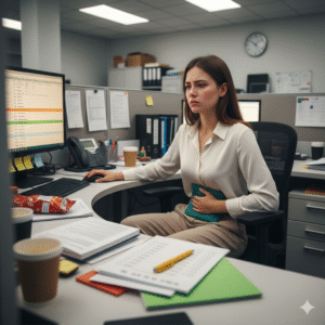 Une femme au bureau, l'air visiblement inconfortable et concentrée sur son ventre, tenant une bouillotte. Son bureau est légèrement en désordre, avec des documents et des tasses de café à emporter, suggérant un effort pour rester productive malgré la douleur et la distraction. L'image illustre l'impact des fluctuations hormonales sur la capacité à fonctionner au travail